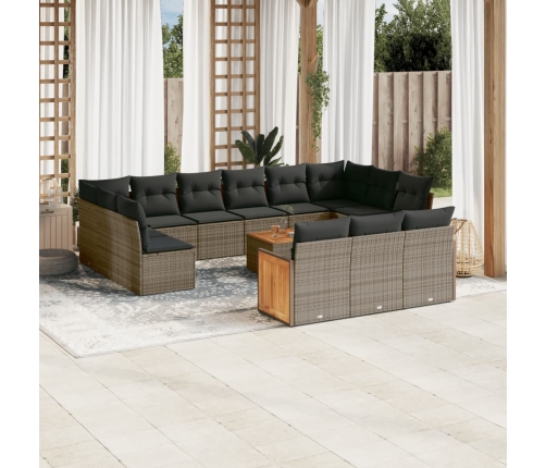 Set de sofás de jardín 14 pzas con cojines ratán sintético gris