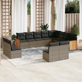 Set de sofás de jardín 12 pzas con cojines ratán sintético gris