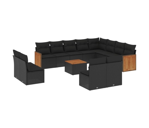 Set de sofás de jardín y cojines 13 pzas ratán sintético negro