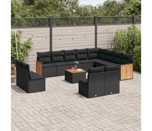 Set de sofás de jardín y cojines 13 pzas ratán sintético negro