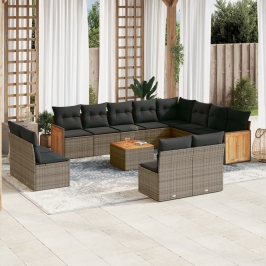 Set sofás de jardín con cojines 13 piezas ratán sintético gris