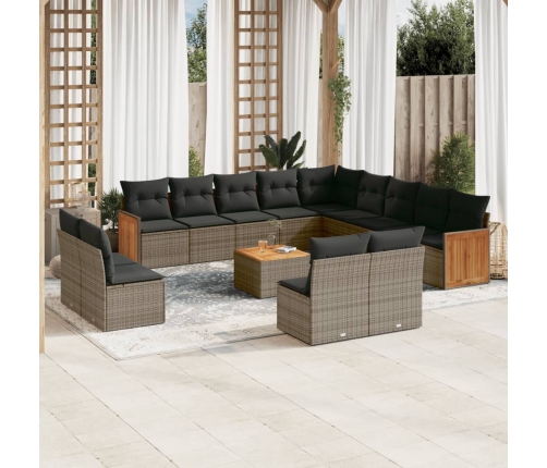 Set de sofás de jardín 14 pzas con cojines ratán sintético gris