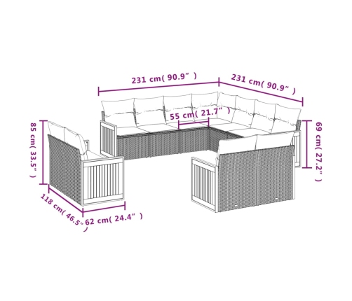 Set de sofás de jardín 11 pzas y cojines ratán sintético gris