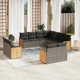 Set de sofás de jardín 11 pzas y cojines ratán sintético gris