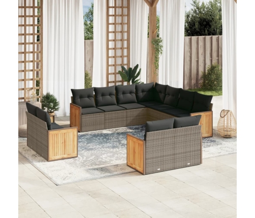 Set de sofás de jardín 11 pzas y cojines ratán sintético gris