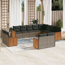 Set de sofás de jardín 12 pzas con cojines ratán sintético gris