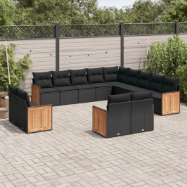 Set de sofás de jardín y cojines 13 pzas ratán sintético negro