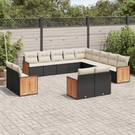 Set de sofás de jardín y cojines 13 pzas ratán sintético negro