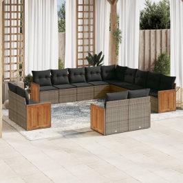 Set sofás de jardín con cojines 13 piezas ratán sintético gris