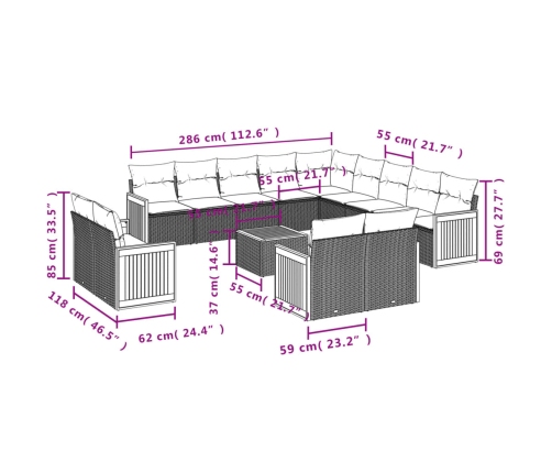 Set sofás de jardín 14 pzas con cojines ratán sintético negro