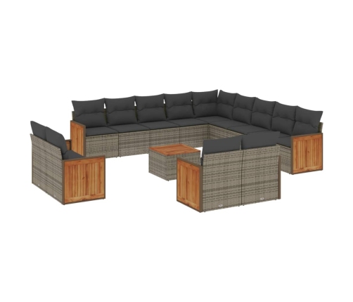 Set de sofás de jardín 14 pzas con cojines ratán sintético gris