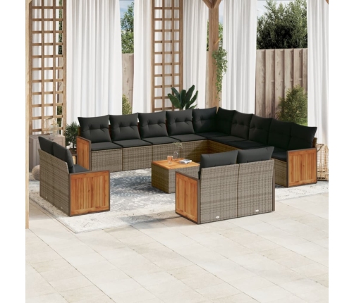 Set de sofás de jardín 14 pzas con cojines ratán sintético gris