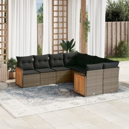 Set de sofás de jardín 8 pzas y cojines ratán sintético gris
