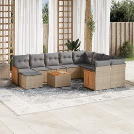 Set de sofás de jardín 11pzas con cojines ratán sintético beige