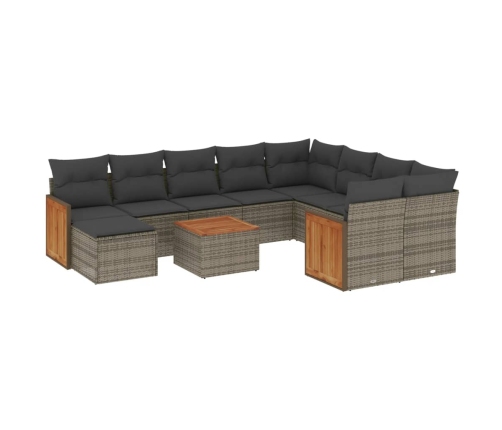 Set de sofás de jardín 11 pzas y cojines ratán sintético gris