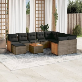 Set de sofás de jardín 11 pzas y cojines ratán sintético gris
