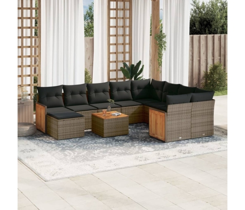 Set de sofás de jardín 11 pzas y cojines ratán sintético gris