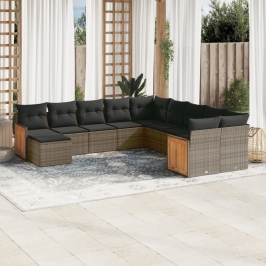 Set de sofás de jardín 11 pzas y cojines ratán sintético gris