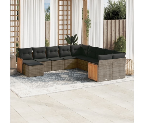 Set de sofás de jardín 11 pzas y cojines ratán sintético gris