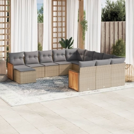 Set de sofás de jardín 12 pzas y cojines ratán sintético marrón