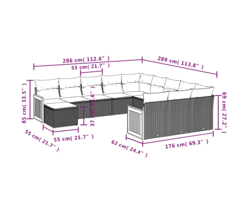 Set de sofás de jardín 12 pzas con cojines ratán sintético gris
