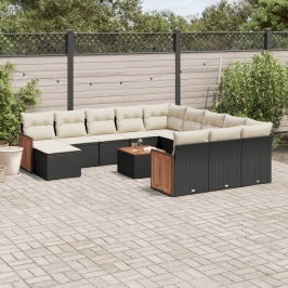 Set de sofás de jardín y cojines 13 pzas ratán sintético negro
