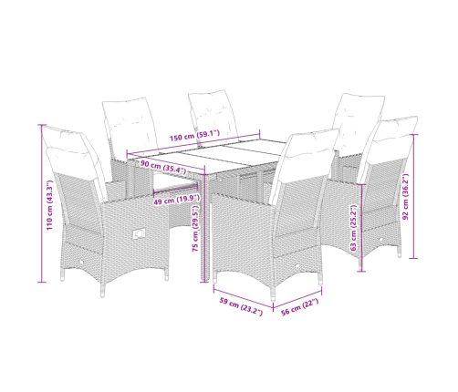 Set de comedor de jardín 7 pzas y cojines ratán sintético negro