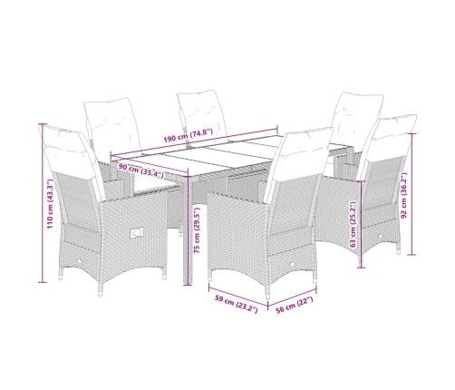 Set de comedor de jardín 7 pzas y cojines ratán sintético negro
