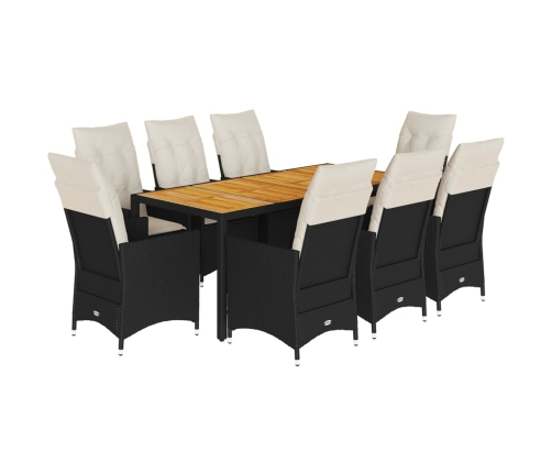 Set de comedor de jardín 9 pzas y cojines ratán sintético negro
