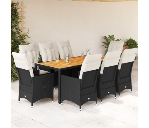 Set de comedor de jardín 9 pzas y cojines ratán sintético negro