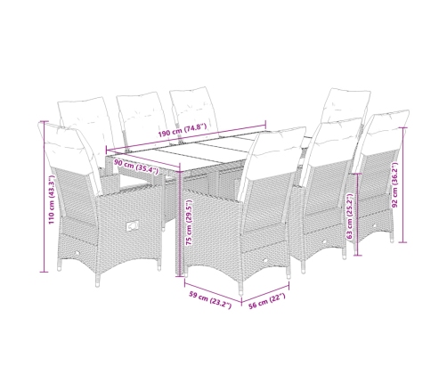 Set de comedor de jardín 9 pzas y cojines ratán sintético negro