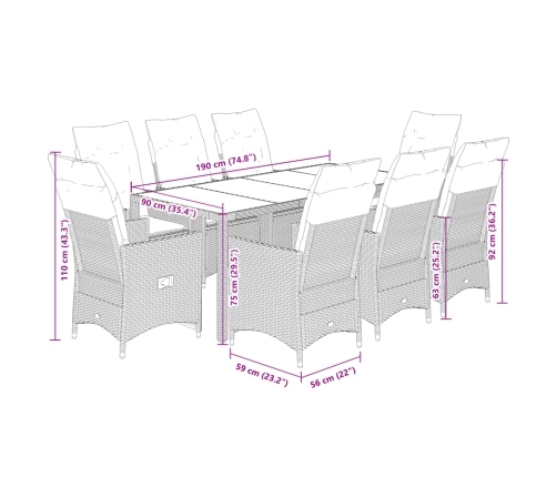 Set de comedor de jardín 9 pzas y cojines ratán sintético negro