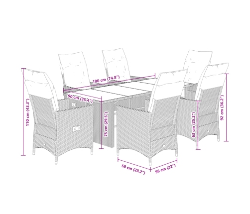 Set de comedor de jardín 7 pzas y cojines ratán sintético negro