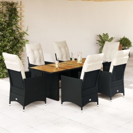 Set de comedor de jardín 7 pzas y cojines ratán sintético negro