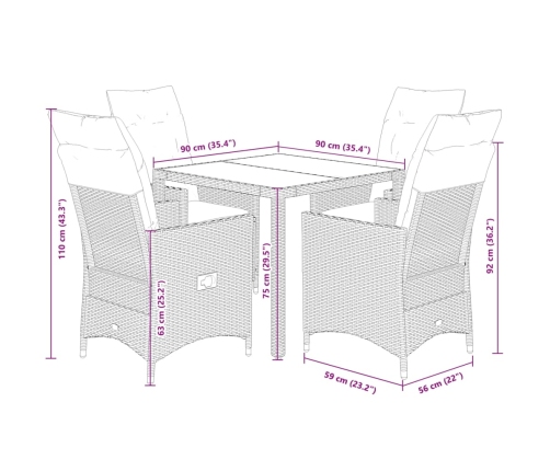 Set de muebles jardín 5 pzas con cojines ratán sintético negro