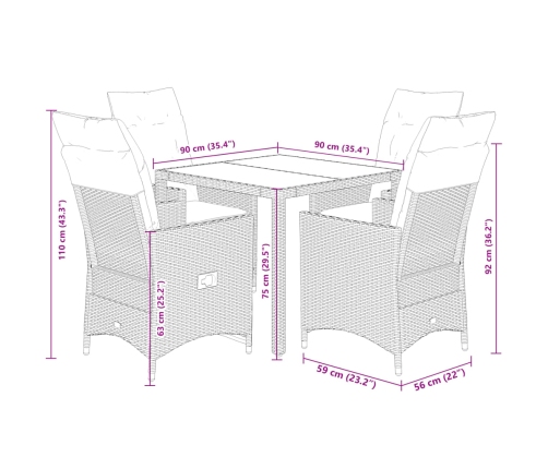 Set de muebles jardín 5 pzas con cojines ratán sintético negro