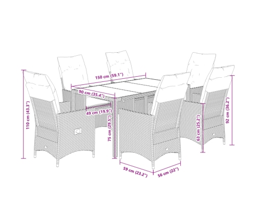 Set de comedor de jardín 7 pzas y cojines ratán sintético negro