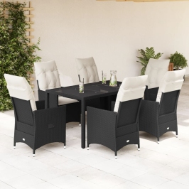 Set de comedor de jardín 7 pzas y cojines ratán sintético negro