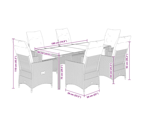 Set de comedor de jardín 7 pzas y cojines ratán sintético negro
