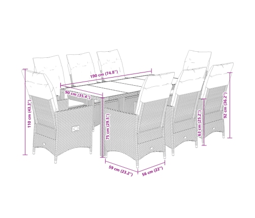 Set de comedor de jardín 9 pzas y cojines ratán sintético negro