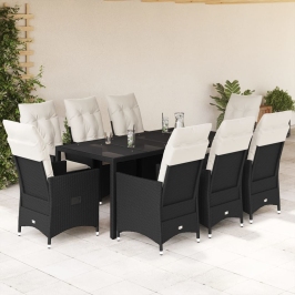 Set de comedor de jardín 9 pzas y cojines ratán sintético negro