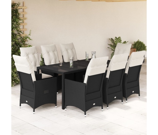Set de comedor de jardín 9 pzas y cojines ratán sintético negro