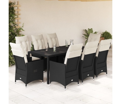 Set de comedor de jardín 9 pzas y cojines ratán sintético negro