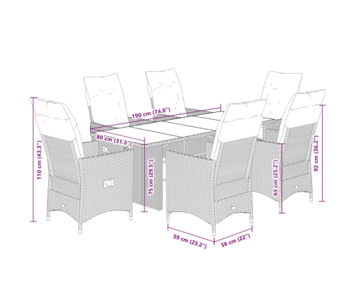 Set de comedor de jardín 7 pzas y cojines ratán sintético negro