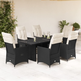 Set de comedor de jardín 7 pzas y cojines ratán sintético negro