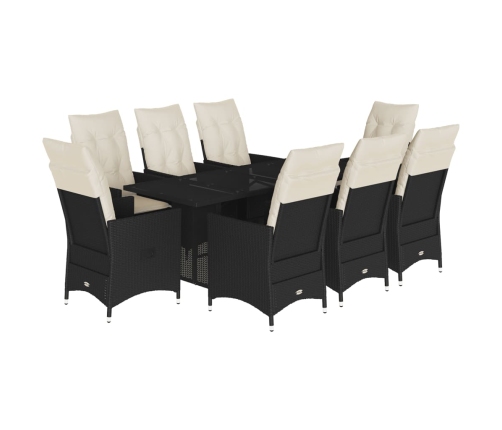Set de comedor de jardín 9 pzas y cojines ratán sintético negro