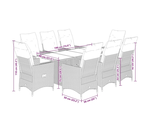 Set de comedor de jardín 9 pzas y cojines ratán sintético negro