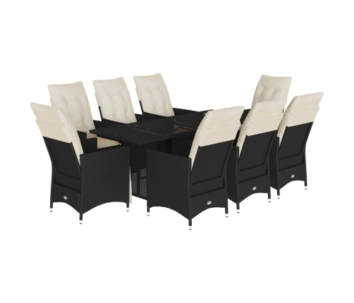 Set de comedor de jardín 9 pzas y cojines ratán sintético negro