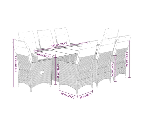 Set de comedor de jardín 9 pzas y cojines ratán sintético negro