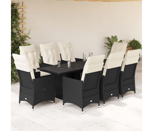 Set de comedor de jardín 9 pzas y cojines ratán sintético negro